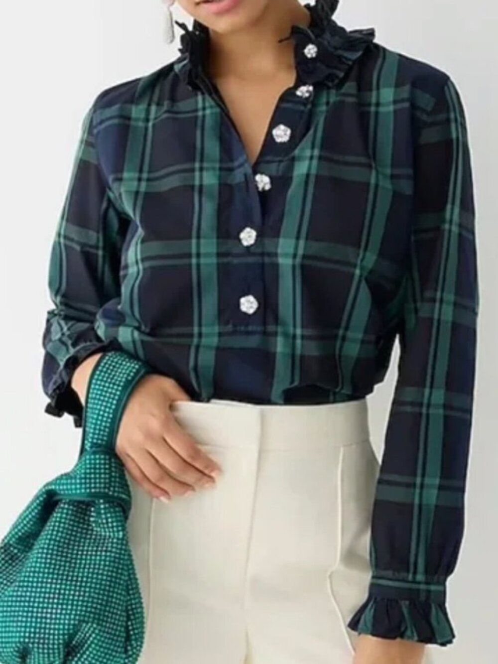 J.Crew Tartan Ruffleneck Blouse Size 2 - Picture 2 of 10
